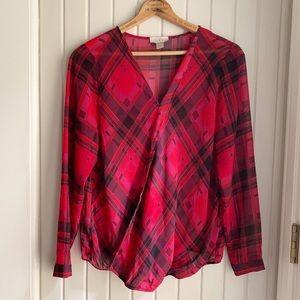 Loft Red Checkered Plaid Semi Sheer Top